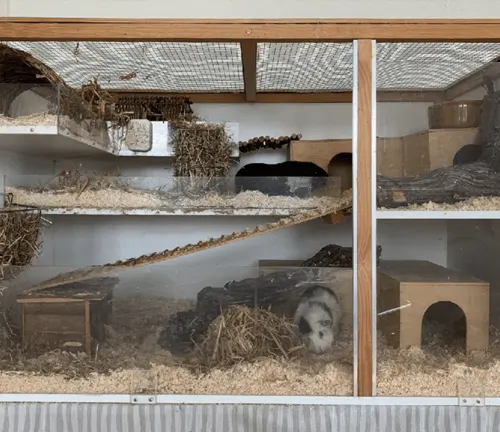 Image of a guinea pig cage filled with hay and straw, meeting "American Guinea Pig" Housing Requirements.