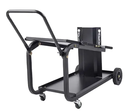 Modern welding cart with a large handle, bottom shelf, and chain restraints for tanks, on a white background.