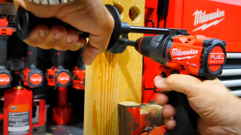 The image displays hands operating a red and black Milwaukee M18 Fuel Hammer Drill/Driver with an attached drill bit, in a workspace surrounded by various Milwaukee tools and equipment in the background.