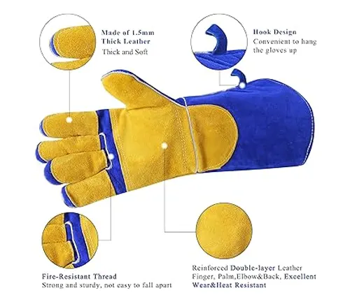 Detail features of a RAPICCA blue and tan welding glove with annotations on leather thickness and heat resistance.