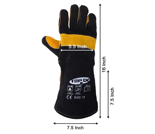 Black and tan TOPDC 16-inch welding glove with dimension annotations on a white background.