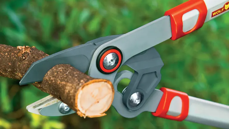 A pair of WOLF-Garten bypass loppers in the process of cutting through a brown tree branch, highlighting the tool’s grey cutting head, red detailing, and silver telescopic handles.