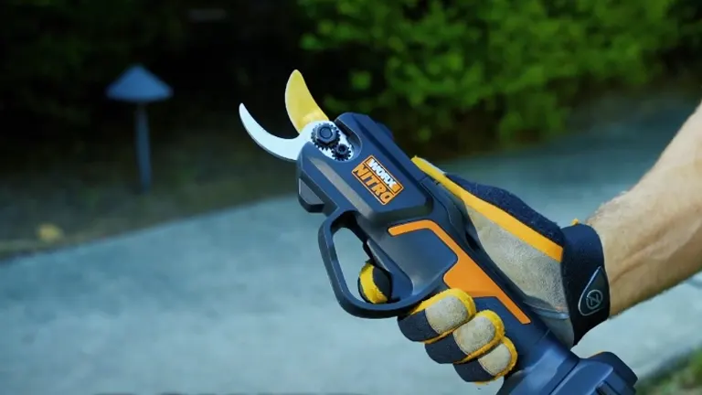 A person wearing a glove holds a Worx NITRO cordless pruning shear with a black and orange grip, outdoors.