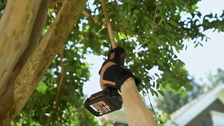 A gloved hand from below is seen using a Worx electric pruning shear on a tree branch, with leaves and sky in the background.