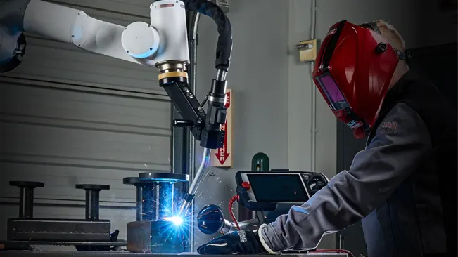 Welder in a red helmet and Lincoln Electric jacket using an automated welding machine with a visible blue arc.