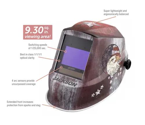 ackson Safety welding helmet with a 9.30 sq. in. viewing area, four arc sensors, and an eagle design, noting its lightweight and clarity features.