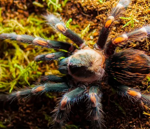 A Mexican Red Knee Tarantula, a tarantula spider, on the ground in its natural habitat.