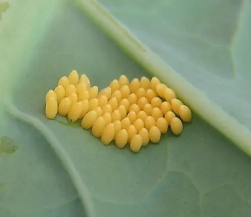A close-up of a leaf with yellow eggs, representing the egg stage of the Cabbage White Butterfly.