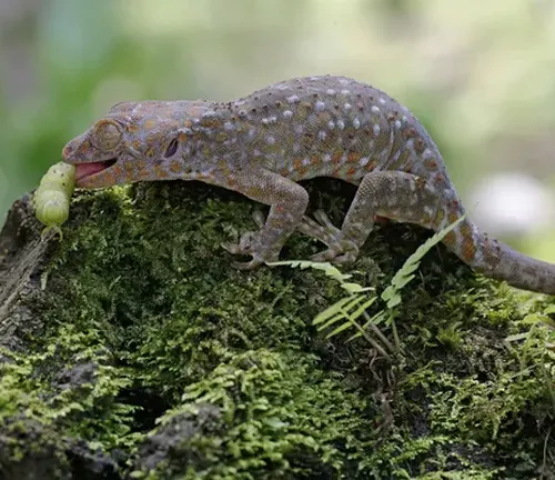 A Tokay Gecko perched on a mossy stump in its natural habitat.