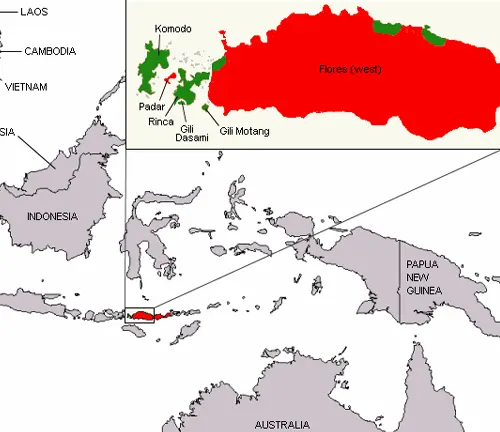 Map of Indonesian islands with distribution of Komodo Dragon.
