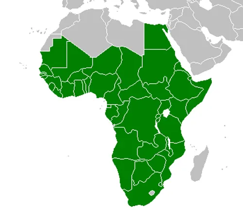 Map of Africa with green areas indicating distribution of Nile Monitor Lizard.