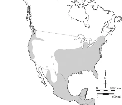 Map of USA showing distribution of American beaver, with additional information on distribution of Common Opossum.
