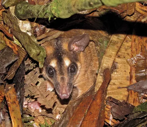 Southern Opossum in natural habitat, surrounded by trees and foliage.