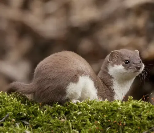 A "Least Weasel" with unique coat coloration stands on moss.