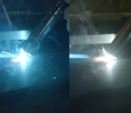 A split-view image showing the difference in visibility with and without the 3M Speedglas Welding Helmet G5-01's clarity lens technology during welding.