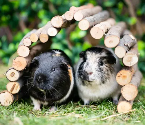Two guinea pigs in a wooden hut, suitable for "American Guinea Pig" Housing Requirements.