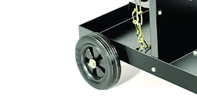 Close-up of a black wheel on a Hot Max WC100 Welding/Plasma Cutter Cart with a yellow chain detail.