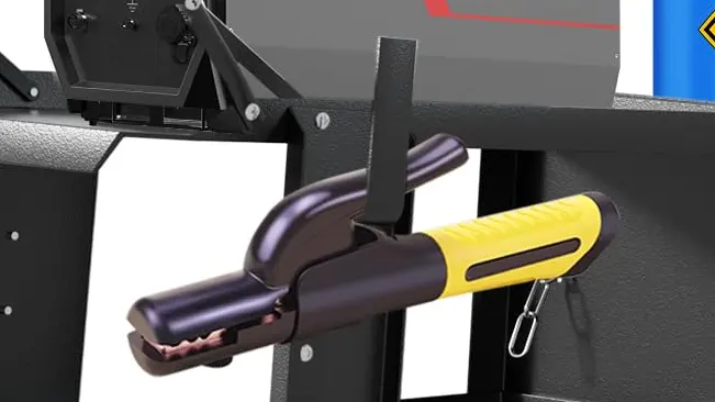 Detail of a welding clamp attached to the side of an Ocforiya Iron Rolling Welding Cart.