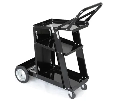 Sleek black welding cart with an angled top shelf, chain for securing tanks, and large rear wheels on a white background.