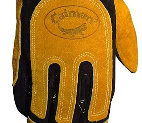 Detail of Caiman 1878 Deerskin FR Insulated MIG/Stick Welding Glove's palm with logo on white background.