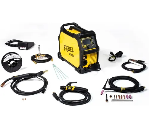 Full set of Esab Rebel EMP 205IC AC/DC Multi-Process Welder with various cables, torches, and welding accessories spread out.