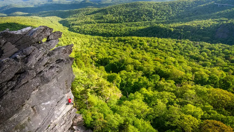 A climber in red scales a sheer rock face above the lush, green canopy of Pisgah National Forest, with rolling hills stretching into the distance.
