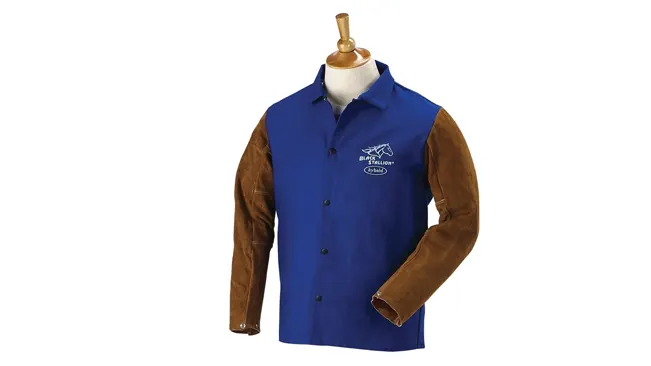 Blue and brown BLACK STALLION Hybrid FR and Cowhide Welding Coat on a display stand.