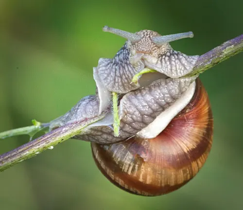 A Roman Snail slowly crawls on a plant in its natural habitat.