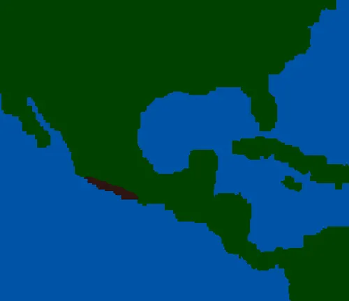 Map of Mexico with red dot marking geographic range of Mexican Red Knee Tarantula.