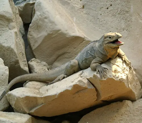 An iguana perched on a rock in a zoo. Social Behavior "Rhinoceros Iguana".