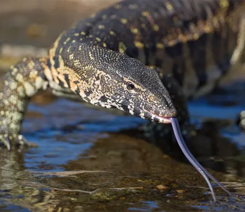 A Nile Monitor Lizard with its mouth open in the water, displaying typical activity patterns.