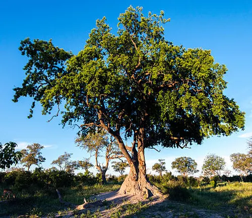 Ancient tree with wide trunk and broad leafy canopy in an open landscape at golden hou