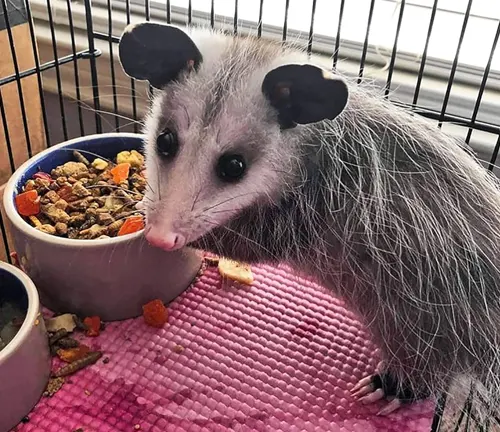 A gray and white possum eating from a bowl, following its diet of "Common Opossum".
