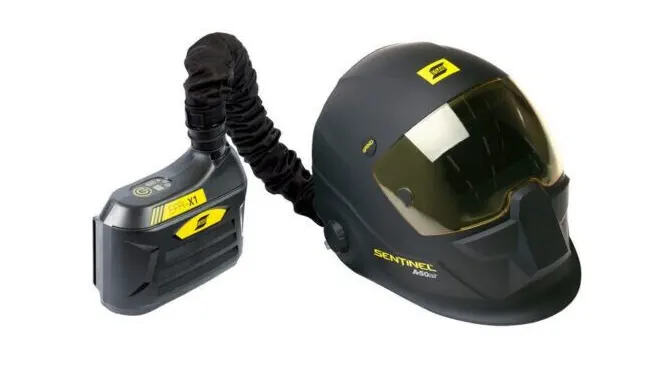 ESAB Sentinel A50 welding helmet connected to an ESAB PAPR (Powered Air Purifying Respirator) unit.