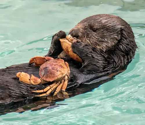 A sea otter floating on its back in the water, holding a shellfish in its paws and eating it.