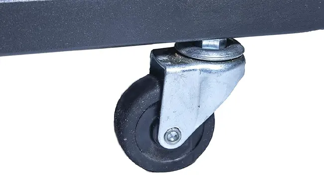 Close-up of the swivel caster wheel on the Metal Man UWC2XL Universal Welding Cart, against a white background.