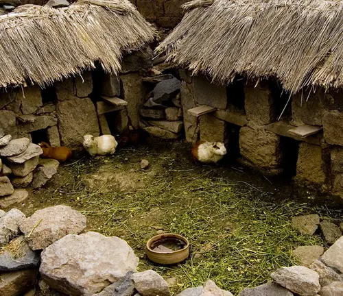 A traditional Peruvian guinea pig housing, featuring a small hut with thatched roofs and a small stone wall.