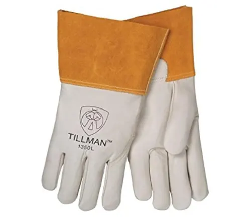 A pair of Tillman 1350L welding gloves with white leather and a yellow cuff.
