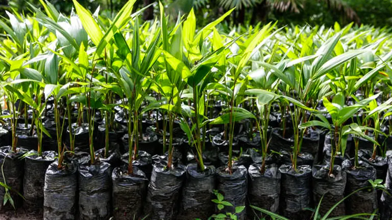 Rows of young palm plants in black nursery bags, lined up in a lush greenhouse setting with vibrant green leaves catching the light.