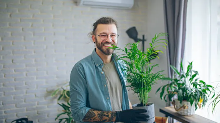 A cheerful man with glasses and a tattooed arm holding a potted palm plant indoors, surrounded by a cozy, plant-filled room.