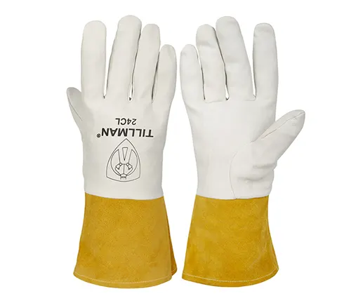 Pair of white and tan Caiman 1878 Deerskin FR Insulated MIG/Stick Welding Gloves against a white background.