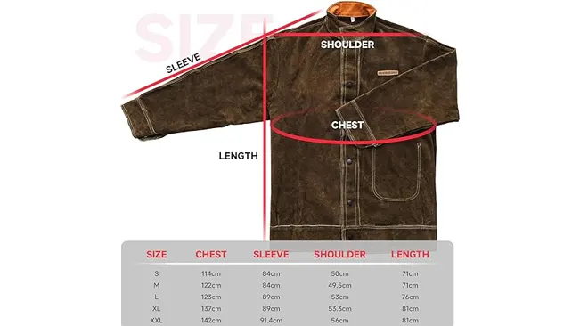 YESWELDER welding jacket with size chart overlay indicating chest, sleeve, shoulder, and length measurements.