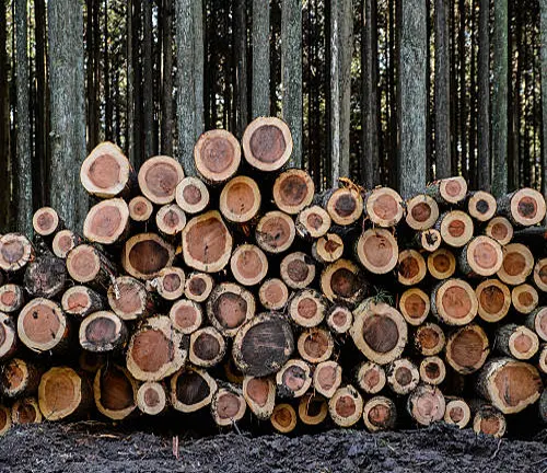 Stack of freshly cut logs in front of a dense forest