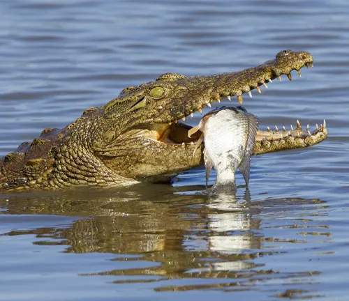 A Saltwater Crocodile with its mouth open, holding a fish in its mouth.