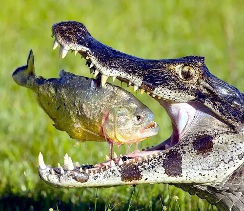 Black Caiman Crocodile swimming in murky water, showcasing its scaly skin and sharp teeth.