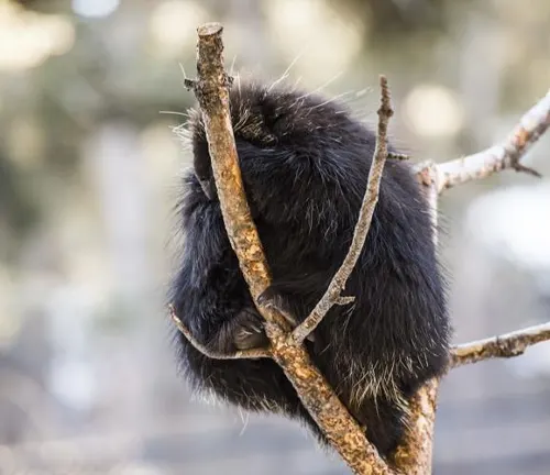 A North American Porcupine sitting on a tree branch, covered in sharp quills, with a bushy tail.