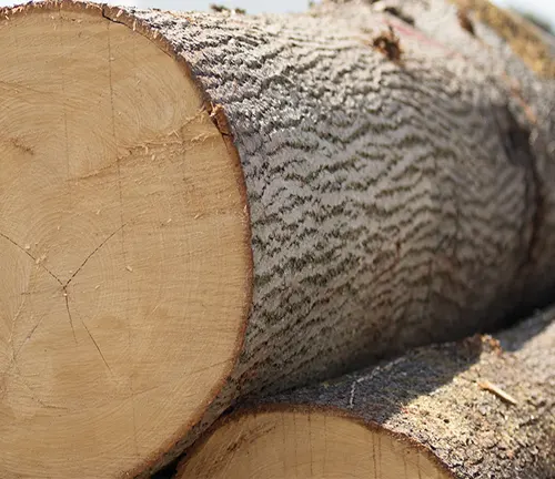 Close-up of freshly cut logs showing the texture of the bark and the rings of the wood