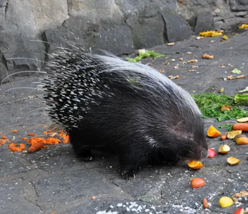 A European porcupine enjoying fruit on the ground, showcasing its herbivorous nature.