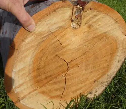 A person pointing at a crack in a freshly cut round wooden log segment on grass.