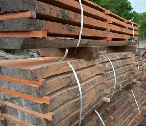 Stacked lumber bound with white straps, prepared for construction or transport at a building site